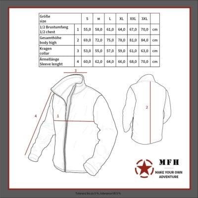 Fleece Jacke Combat Größentabelle
