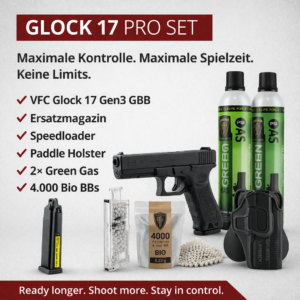 VFC GLOCK 17 GBB Pro Set inkl. Ersatzmagazin, Speedloader, Holster, BBs & 2x Green Gas