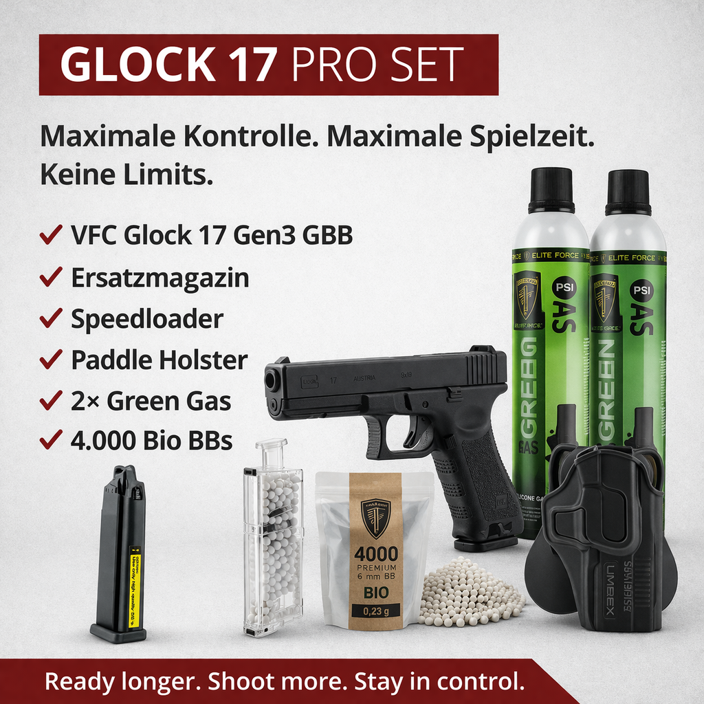 VFC GLOCK 17 GBB Pro Set inkl. Ersatzmagazin, Speedloader, Holster, BBs & 2x Green Gas VFC GLOCK 17 GBB Pro Set inkl. Ersatzmagazin, Speedloader, Holster, BBs & 2x Green Gas